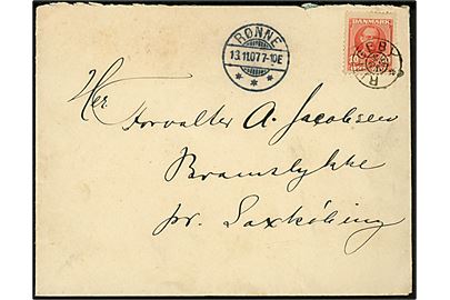 10 øre Fr. VIII på brev annulleret med stjernestempel RINGEBY og sidestemplet Rønne d. 13.11.1907 til Saxkjøbing.