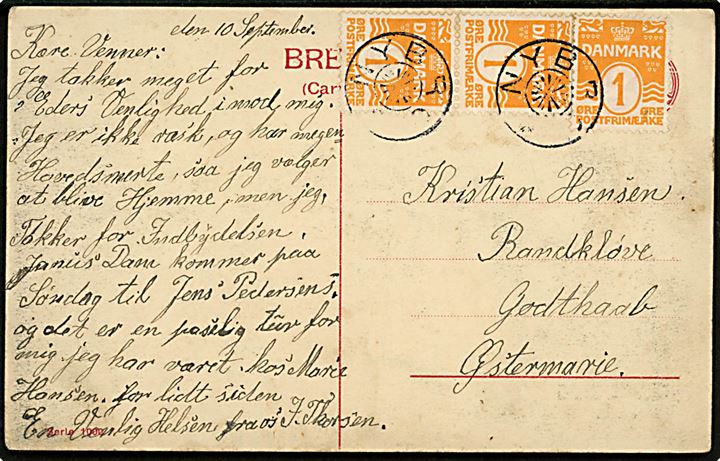 1 øre Bølgelinie (3) på lokalt brevkort dateret d. 10.9.191? og annulleret med stjernestempel NYBRO (Type II) til Godthaab pr. Østermarie.