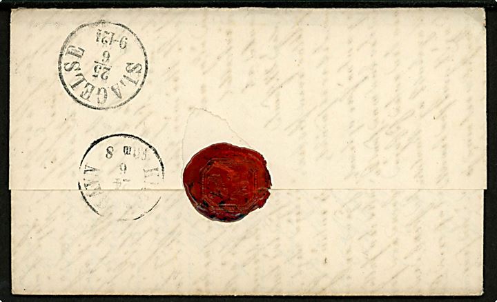 4 sk. Krone/Scepter på brev annulleret med nr.stempel 104 og sidestemplet antiqua Nexø d. 23.6.1865 via Kjøbenhavn til Slagelse.