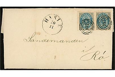 4 øre Tofarvet i parstykke på brev annulleret med nr.stempel 103 og sidestemplet antiqua Hasle d. 20.11.1879 via Allinge til Rø.