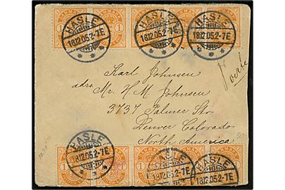 1 øre Våben (20) på for- og bagside af brev fra Hasle d. 18.12.1905 til Denver, Colorado, USA. Nusset og flere mærker med skader.