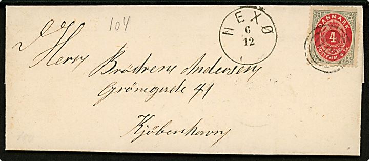 4 sk. Tofarvet på brev annulleret med nr.stempel 104 og sidestemplet lapidar Nexø d. 6.12.1872 til Kjøbenhavn.