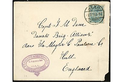 20 øre Våben på brev fra Nexø d. 9.9.1896 til Capt. Dam på danske brig Allianz i Hull, England.