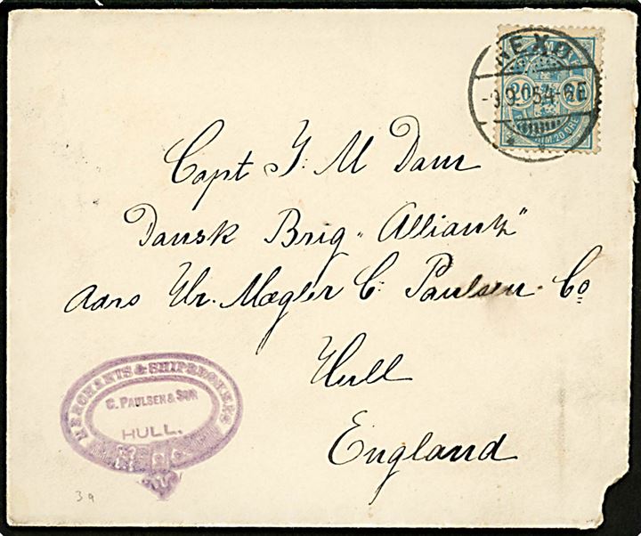 20 øre Våben på brev fra Nexø d. 9.9.1896 til Capt. Dam på danske brig Allianz i Hull, England.