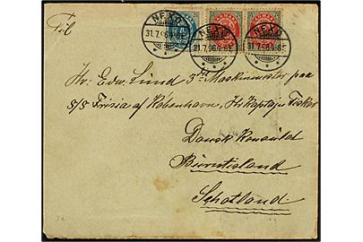 4 øre og 8 øre (2) Tofarvet på brev fra Nexø d. 31.7.1896 til sømand ombord på S/S Frisia i Burntisland, England.