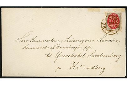 8 øre Tofarvet på brev fra Knabstrup Teglværk annulleret med lapidar VI Regstrup d. 10.5.1877 til Kammerherre Lehnsgreve Lerche, Kommandør af Dannebrogen på Lerchenborg pr. Kalundborg. Urent åbnet.