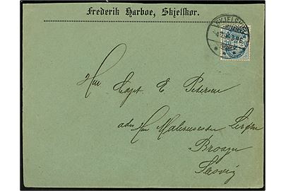 20 øre Tofarvet - med variant afskåret SV-hjørne - på brev fra Skjelskør d. 4.12.1899 til Broager, Slesvig.