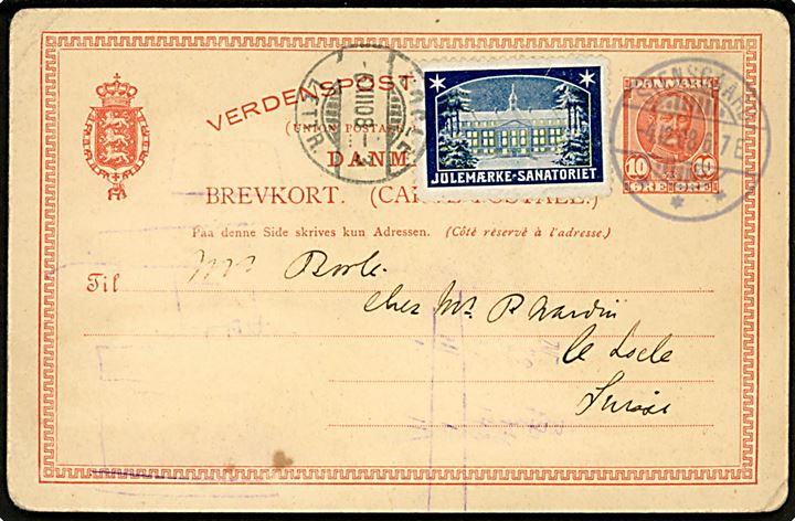 10 øre Fr. VIII helsagsbrevkort med Julemærke 1908 fra Stensgaard d. 4.12.1908 til le Locle,  Schweiz. 