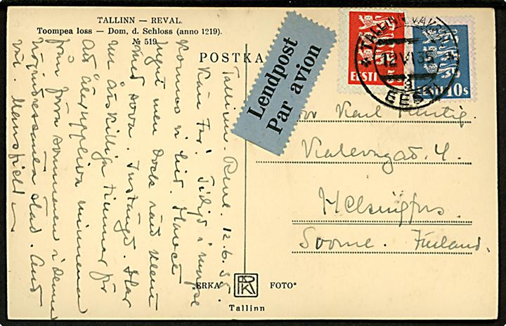 5 s. og 10 s. Løver på luftpost brevkort fra Tallinn d. 12.6.1935 til Helsingfors, Finland.