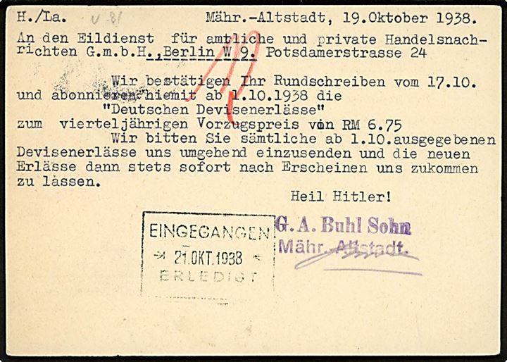 Sudetenland. Tjekkisk 50 h. Benes single på brevkort dateret d. 19.10.1938 annulleret med sort stempel Mähr.-Altstadt in den Befreiungstagen 1938 til Berlin, Tyskland. Udtakseret i 6 pfg. tysk porto.