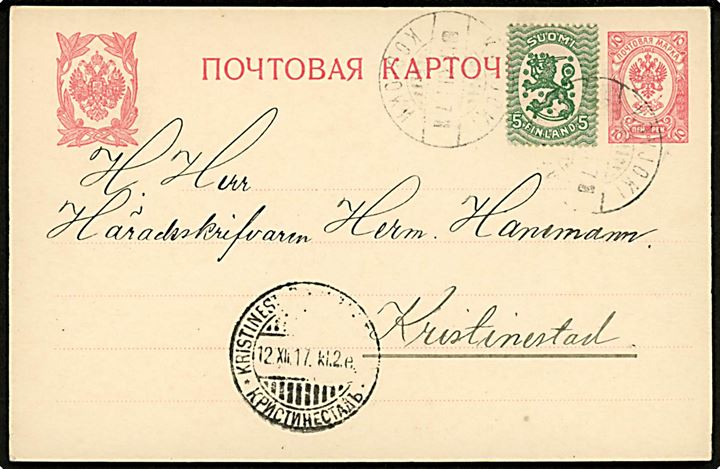10 pen. Våben helsagsbrevkort opfrankeret med 5 pen. Løve dateret i Nykarleby og annulleret med 2-sproget stempel i Kovjoki d. 11.12.1917 til Kristinestad.