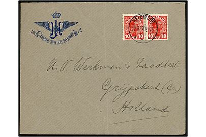 10 øre Chr. X (2) på illustreret firmakuvert fra Jernbane-Hotellet Helsingør annulleret Helsingør d. 6.12.1919 til Grijpskerk, Holland. Fold.