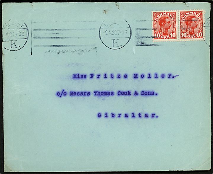 10 øre Chr. X i parstykke på brev fra København d. 9.4.1920 til c/o Thos. Cook & Sons i Gibraltar. Usædvanlig destination.