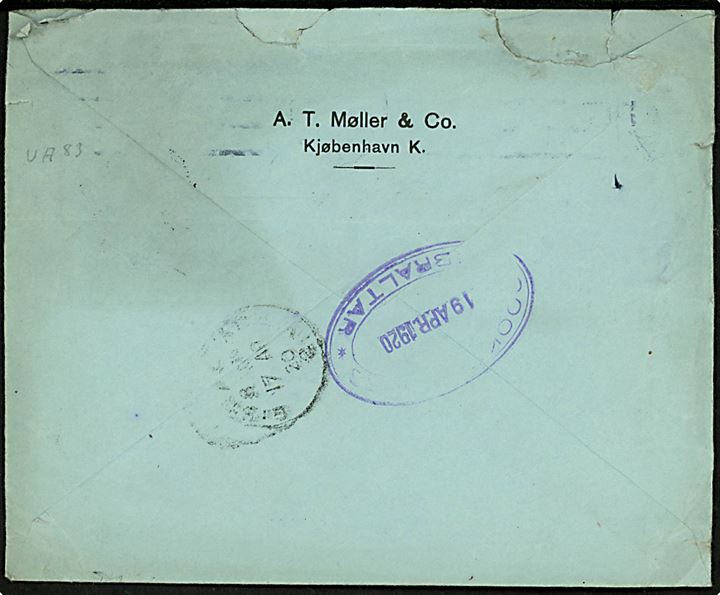 10 øre Chr. X i parstykke på brev fra København d. 9.4.1920 til c/o Thos. Cook & Sons i Gibraltar. Usædvanlig destination.