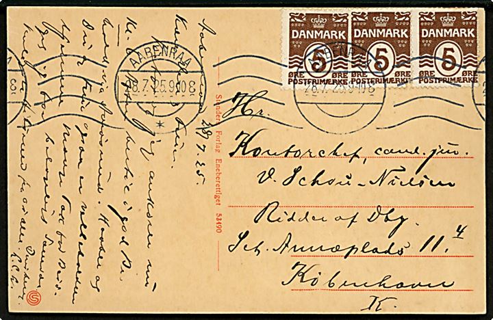 5 øre Bølgelinie (3) på brevkort fra Aabenraa d. 28.7.1925 til Kontorchef, can. jur. V. Schou-Nielsen, Ridder af Dannebrog, i København. 