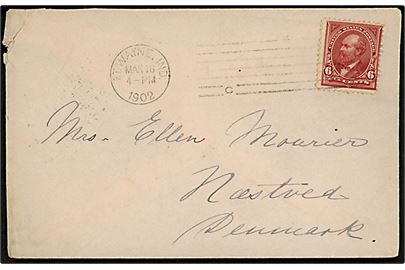 6 cents Garfield single på brev fra Ft. Wayne, Indiana d. 18.3.1902 til Næstved, Danmark. Ank.stemplet i Næstved d. 2.4.1902. 