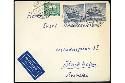 5 pfg. Tegel Schloss og 25 pfg. M/S Berlin (2) på 55 pfg. frankeret luftpostbrev fra Berlin Friedenau d. 30.12.1955 til Stockholm, Sverige.