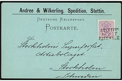 5 pfg. Ciffer på tryksagskort fra Stettin annulleret med bureaustempel Stettin - Pasewalk d. 19.2.1885 til Stockholm, Sverige.
