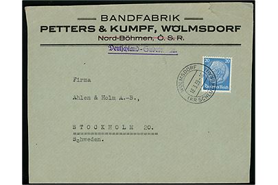 20 pfg. Hindenburg på firmakuvert fra Sudetengau annulleret Wölmsdorf (Kr. Schluckenau) d. 18.3.1939 til Stockholm, Sverige.