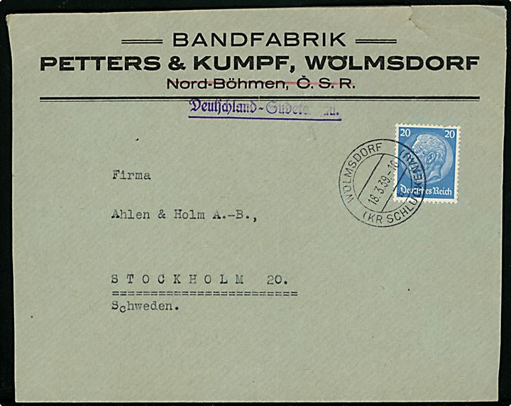 20 pfg. Hindenburg på firmakuvert fra Sudetengau annulleret Wölmsdorf (Kr. Schluckenau) d. 18.3.1939 til Stockholm, Sverige.