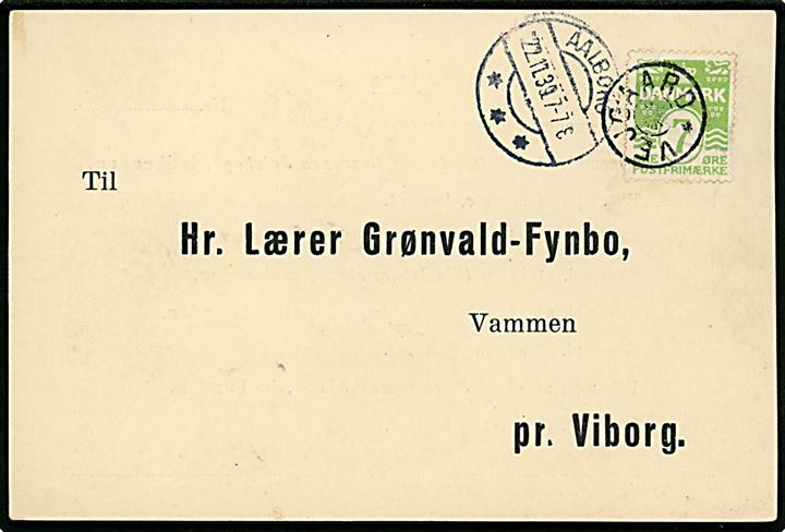 7 øre Bølgelinie på tryksag annulleret med stjernestempel VEJGAARD og sidestemplet brotype IIb Aalborg *** d. 22.11.39 (Fejlindstillet for 1928) til Vammen pr. Viborg.