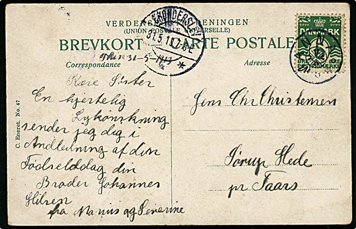 5 øre Bølgelinie på brevkort annulleret med stjernestempel MANNA og sidestemplet Brønderslev d. 31.5.1913 til Taars.