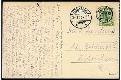 5 øre Chr. X på brevkort annulleret med stjernestempel SÆBY og sidestemplet Roskilde d. 36.8.1917 til København.