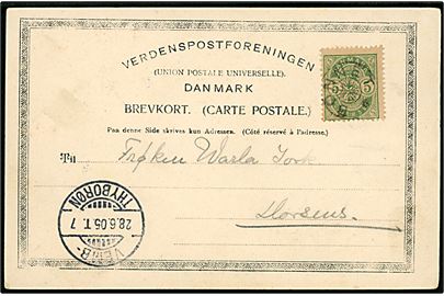 5 øre Våben på brevkort (Bovbjerg) annulleret med stjernestempel BONNET og sidestemplet bureau Vemb - Thyborøn T.7 d. 28.6.1905 til Horsens.
