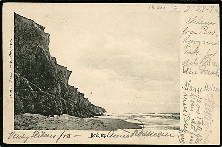 5 øre Våben på brevkort (Bovbjerg) annulleret med stjernestempel BONNET og sidestemplet bureau Vemb - Thyborøn T.7 d. 28.6.1905 til Horsens.