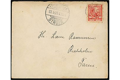 10 øre Chr. IX på brev annulleret med svagt stjernestempel NAUR og sidestemplet bureau Fredericia - Struer T.1014 d. 22.5.1906 til Tarm.