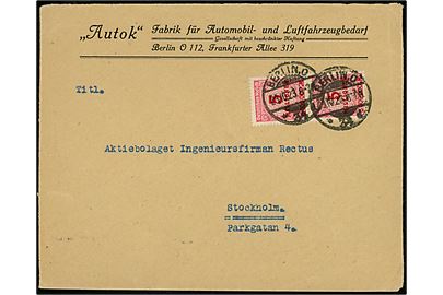 5 mio. mk. (par) og 2 mio. mk./200 mk. Provisorium (10) på for- og bagside af firmakuvert fra Autok Fabrik für Automobil- und Luftfahrzeugbedarf i Berlin d. 23.10.1923 til Stockholm, Sverige.