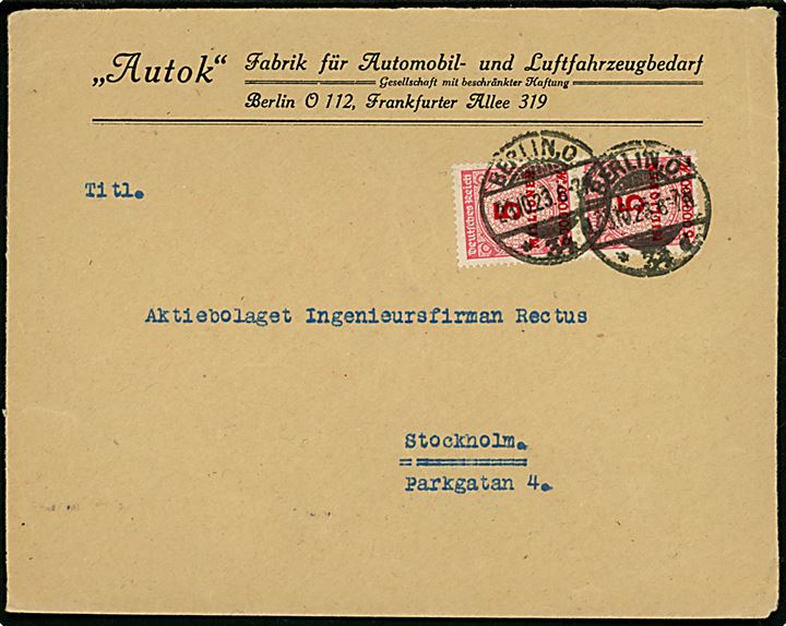 5 mio. mk. (par) og 2 mio. mk./200 mk. Provisorium (10) på for- og bagside af firmakuvert fra Autok Fabrik für Automobil- und Luftfahrzeugbedarf i Berlin d. 23.10.1923 til Stockholm, Sverige.