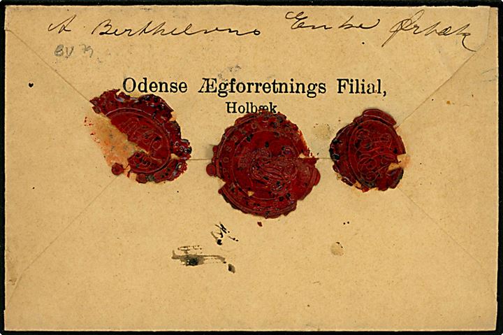 25 øre Chr. X single på værdibrev annulleret med brotype IIIb Ørbæk d. 24.2.1915 til Holbæk. På bagsiden bl.a. laksegl fra Ørbæk Postkontor.