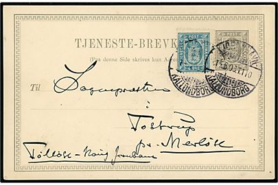 3 øre tjenestebrevkort opfrankeret med 4 øre Tjenestemærke annulleret med bureaustempel Kjøbenhavn - Kallundborg T.110 d. 1.6.1903 til Tostrup pr. Merløse på Tølløse-Høng Jernbane.