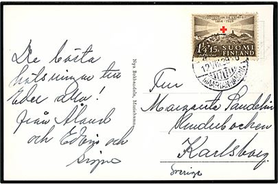 1 1/4 mk. + 15 p. Røde Kors udg. på brevkort (Gripen, Mariehamn) annulleret med 2-sproget stempel i Mariehamn d. 12.8.1939 til Karlsberg.