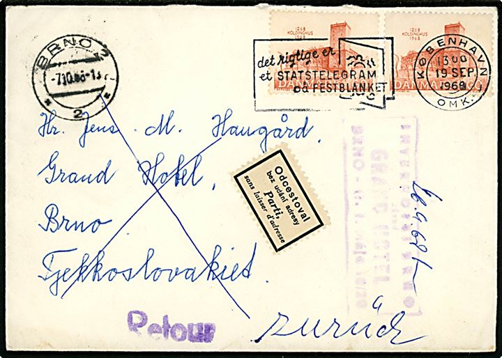 60 øre Koldinghus (2) på brev fra København d. 19.9.1968 til Grand Hotel i Brno, Tjekkoslovakiet. Returneret med Hotelstempel og 2-sproget returetiket Parti.