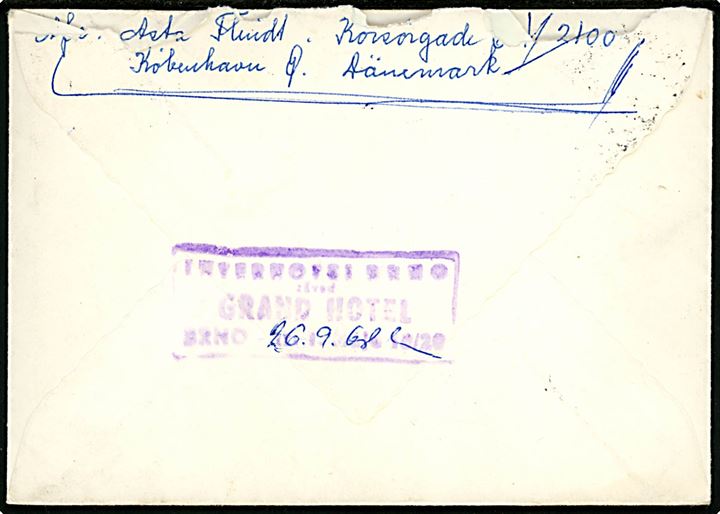 60 øre Koldinghus (2) på brev fra København d. 19.9.1968 til Grand Hotel i Brno, Tjekkoslovakiet. Returneret med Hotelstempel og 2-sproget returetiket Parti.
