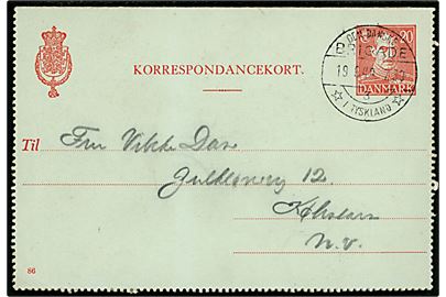 20 øre Chr. X helsags korrespondancekort (fabr. 86) annulleret Den danske Brigade / 3 / * i Tyskland * d. 19.6.1949 til København. Sendt fra soldat ved den danske forlægning i Aurich.