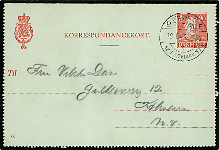 20 øre Chr. X helsags korrespondancekort (fabr. 86) annulleret Den danske Brigade / 3 / * i Tyskland * d. 19.6.1949 til København. Sendt fra soldat ved den danske forlægning i Aurich.