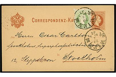 2 kr. helsagsbrevkort opfrankeret med 3 kr. Franz Joseph fra Wien d. 29.3.1882 til Stockholm, Sverige.