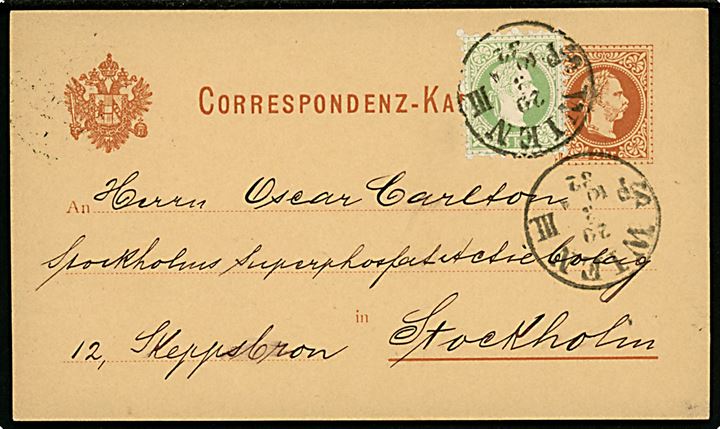 2 kr. helsagsbrevkort opfrankeret med 3 kr. Franz Joseph fra Wien d. 29.3.1882 til Stockholm, Sverige.