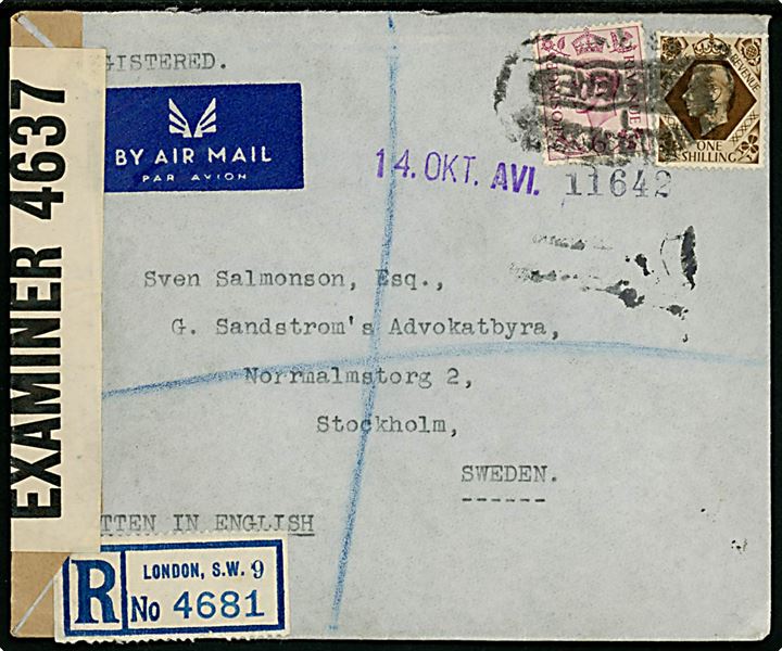 6d og 1 sh. George VI på anbefalet luftpostbrev fra London d. 14.10.194? til Stockholm, Sverige. Åbnet af britisk censur PC90/4637.