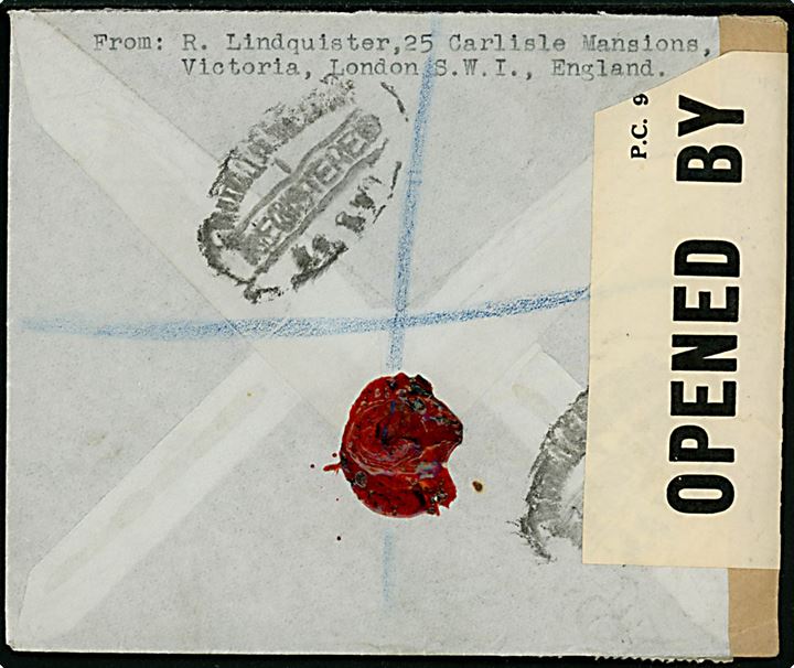6d og 1 sh. George VI på anbefalet luftpostbrev fra London d. 14.10.194? til Stockholm, Sverige. Åbnet af britisk censur PC90/4637.