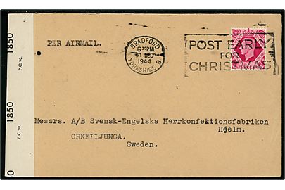 8d George VI single på luftpostbrev fra Bradford d. 11.12.1944 til Orkeiljunga, Sverige. Åbnet af britisk censur PC90/1850.