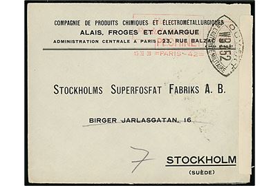 2,25 fr. franko frankeret firmakuvert fra Paris d. 15.11.1939 til Stockholm, Sverige. Åbnet af fransk censur WB352.