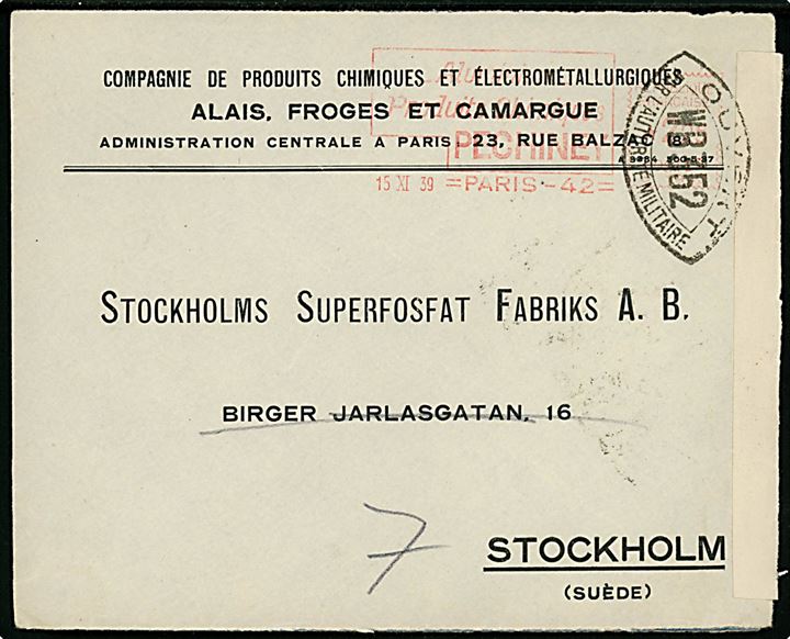 2,25 fr. franko frankeret firmakuvert fra Paris d. 15.11.1939 til Stockholm, Sverige. Åbnet af fransk censur WB352.