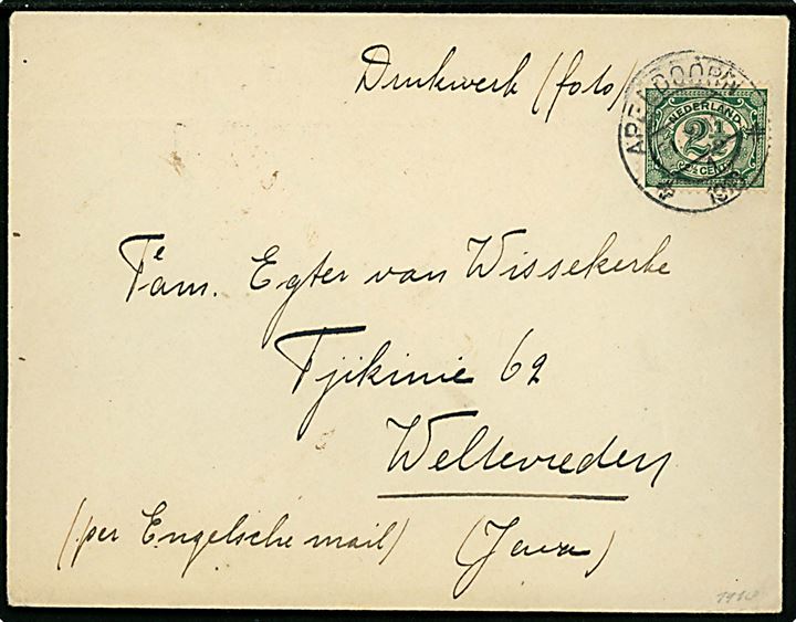 2½ c. Ciffer single på tryksag fra Apeldoorn d. 1.10.1918 til Weltevreden, Java, Hollandsk Ostindien. Åbnet af britisk censur no. 884.
