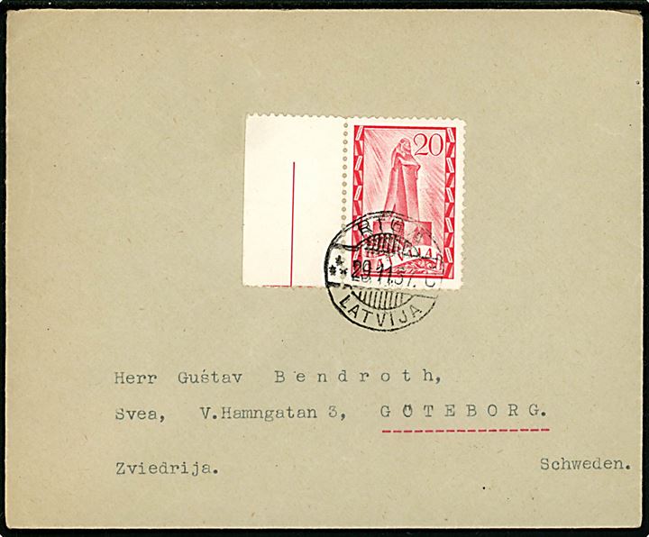 20 s. Mindesmærke single på brev fra Riga d. 29.11.1937 til Göteborg, Sverige.