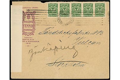 Russisk 2 kop. Våben (5-stribe) på brev fra Helsingfors d. 15.8.1916 til Stockholm, Sverige - eftersendt til Jönköping. Åbnet af russisk censur i Torneå.