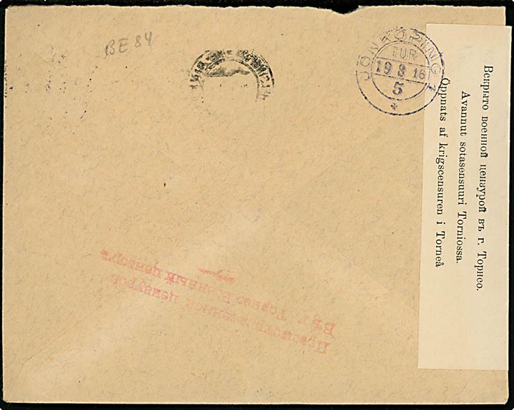 Russisk 2 kop. Våben (5-stribe) på brev fra Helsingfors d. 15.8.1916 til Stockholm, Sverige - eftersendt til Jönköping. Åbnet af russisk censur i Torneå.